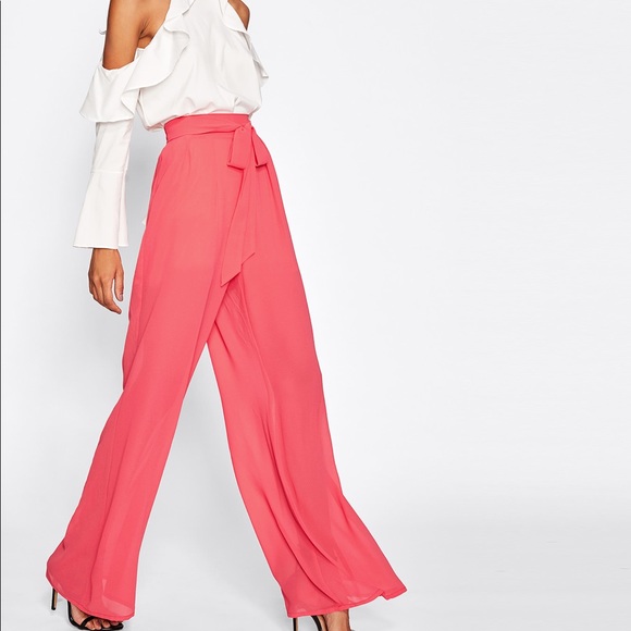🆕Coral Chiffon self Belted palazzo pants - Picture 2 of 8