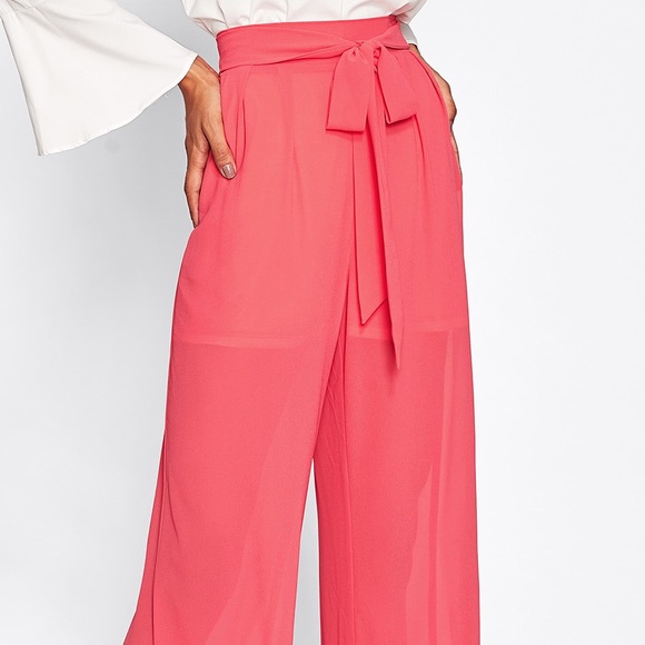 🆕Coral Chiffon self Belted palazzo pants - Picture 7 of 8