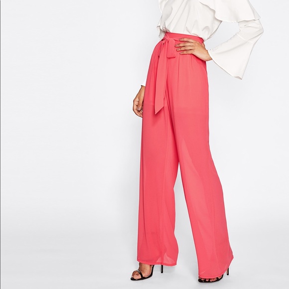 🆕Coral Chiffon self Belted palazzo pants - Picture 3 of 8