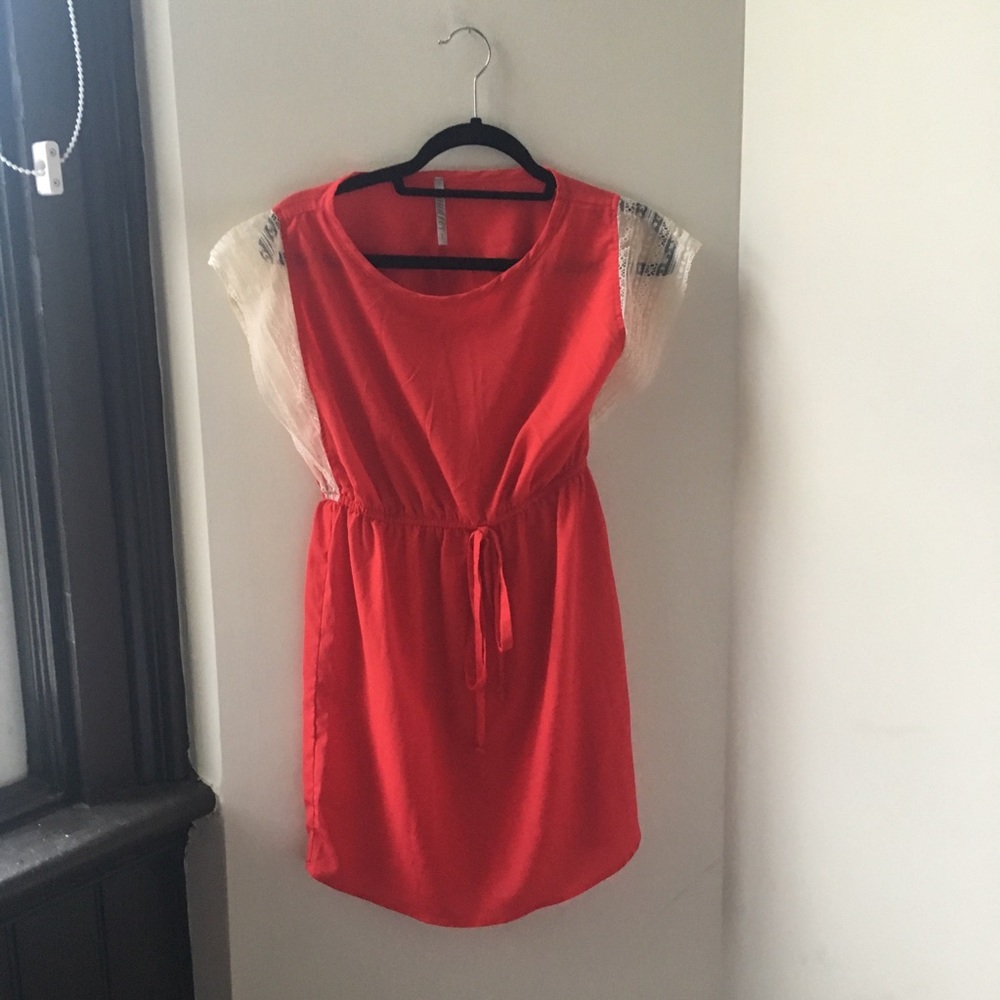 Red sheer dress with lace sleeves