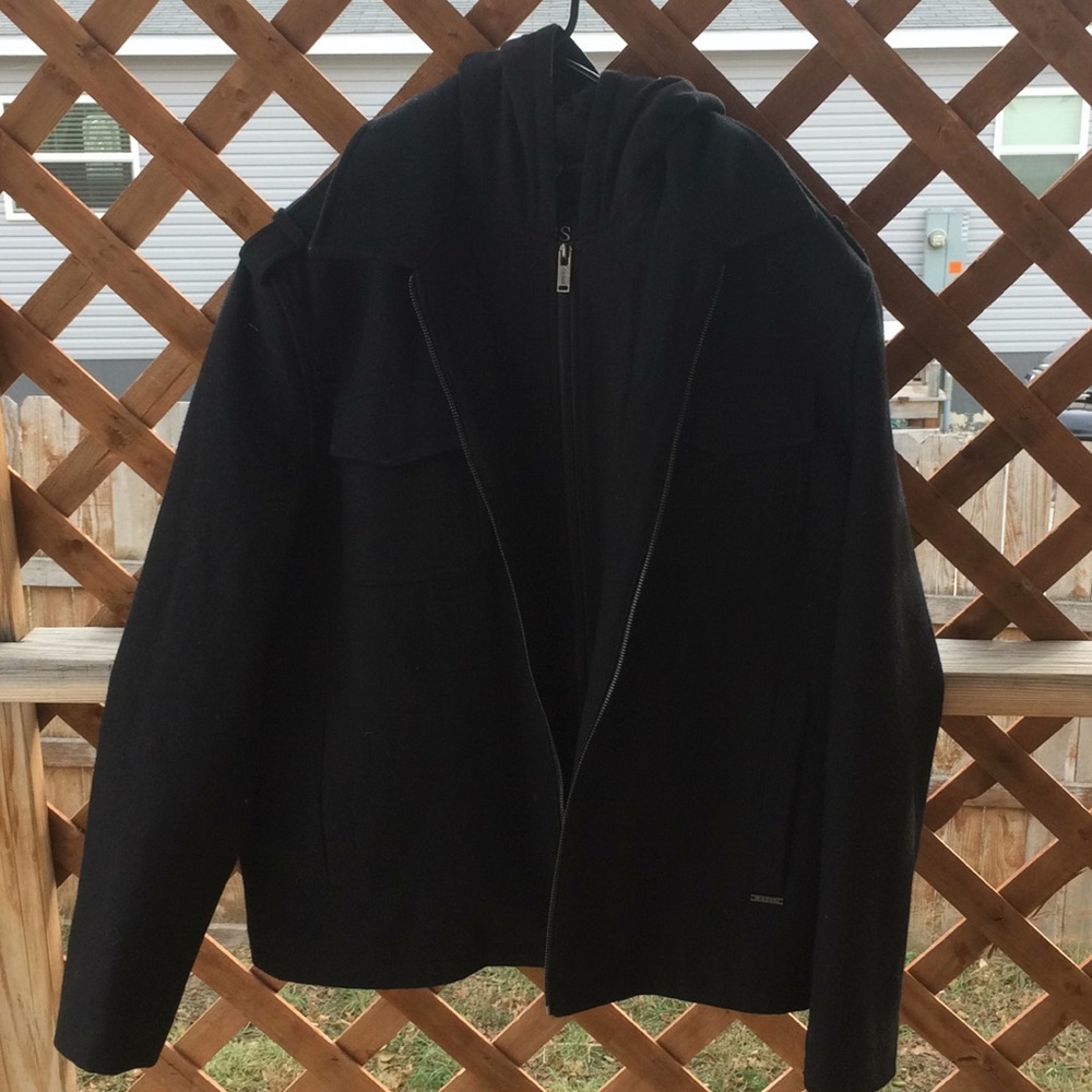 Men’s Guess black wool coat size M w/hood
