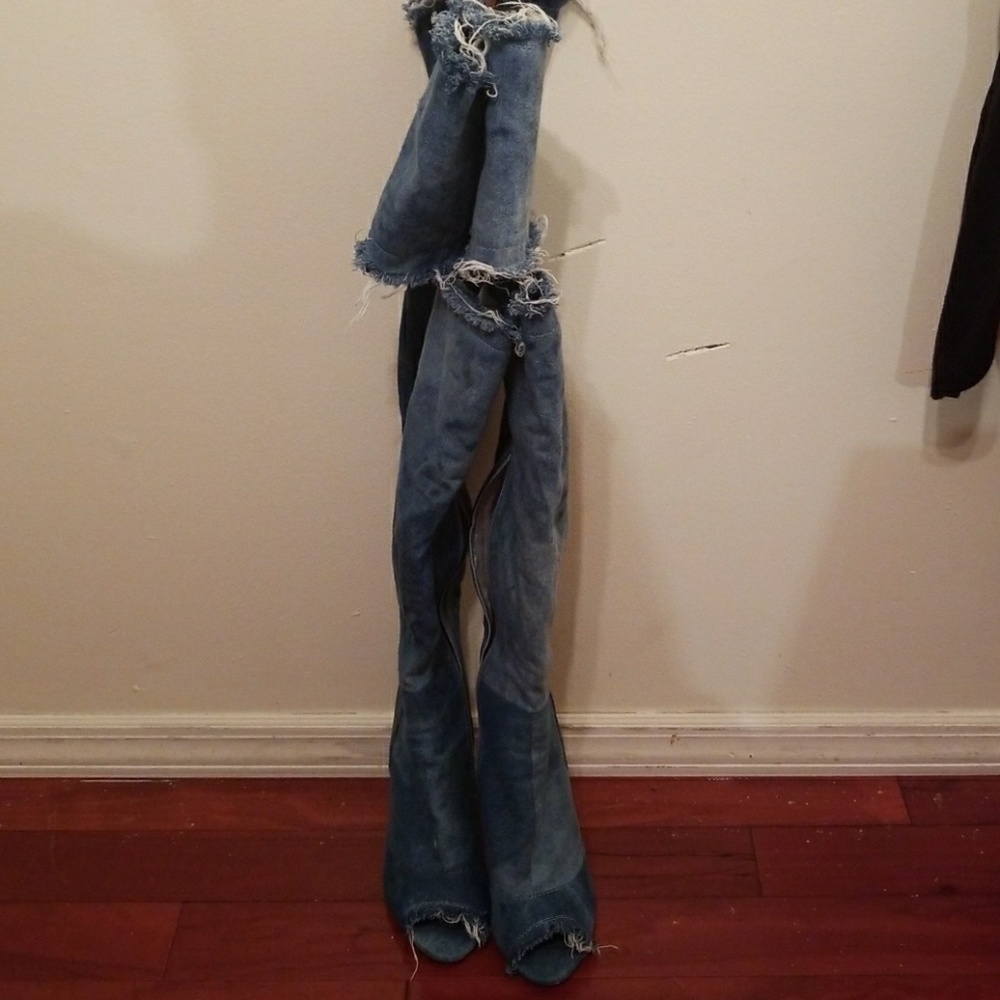 Distress light Denim Boots over the knee