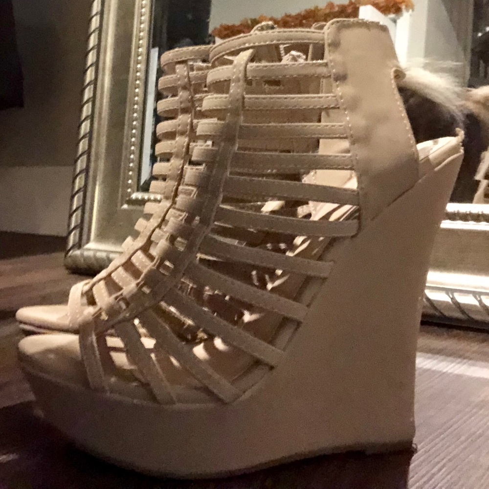 7.5 nude ladder strap wedge sandals