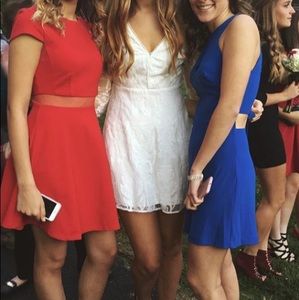 White lace quarter sleeve fit and flare dress