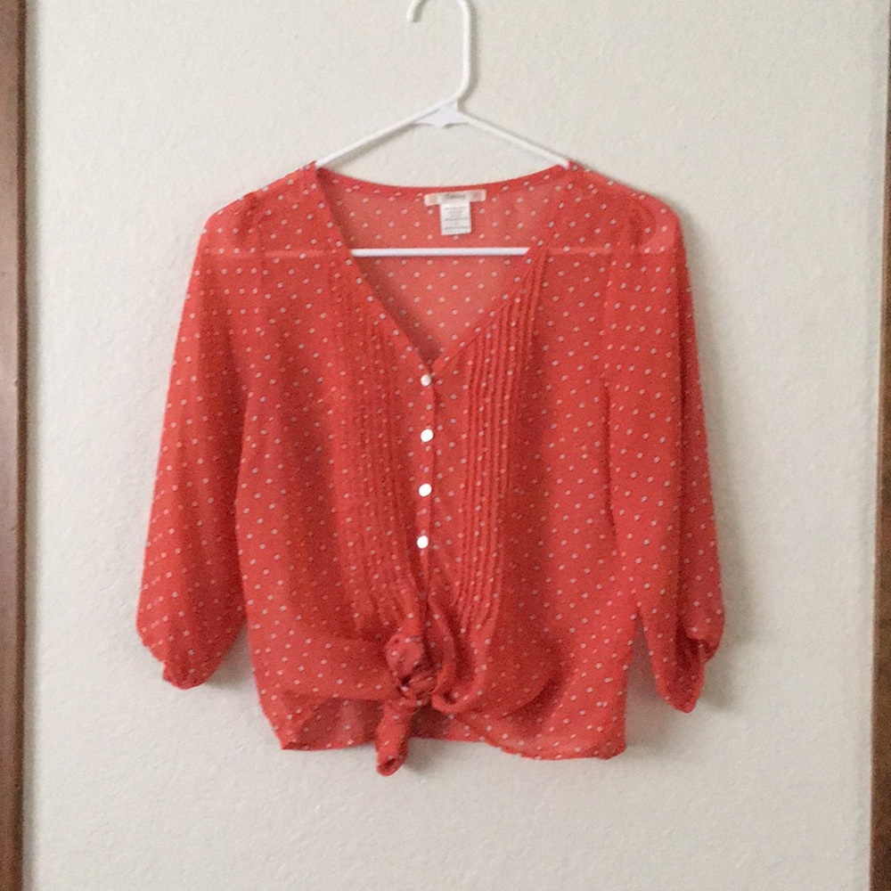 Red polka dot button up shirt