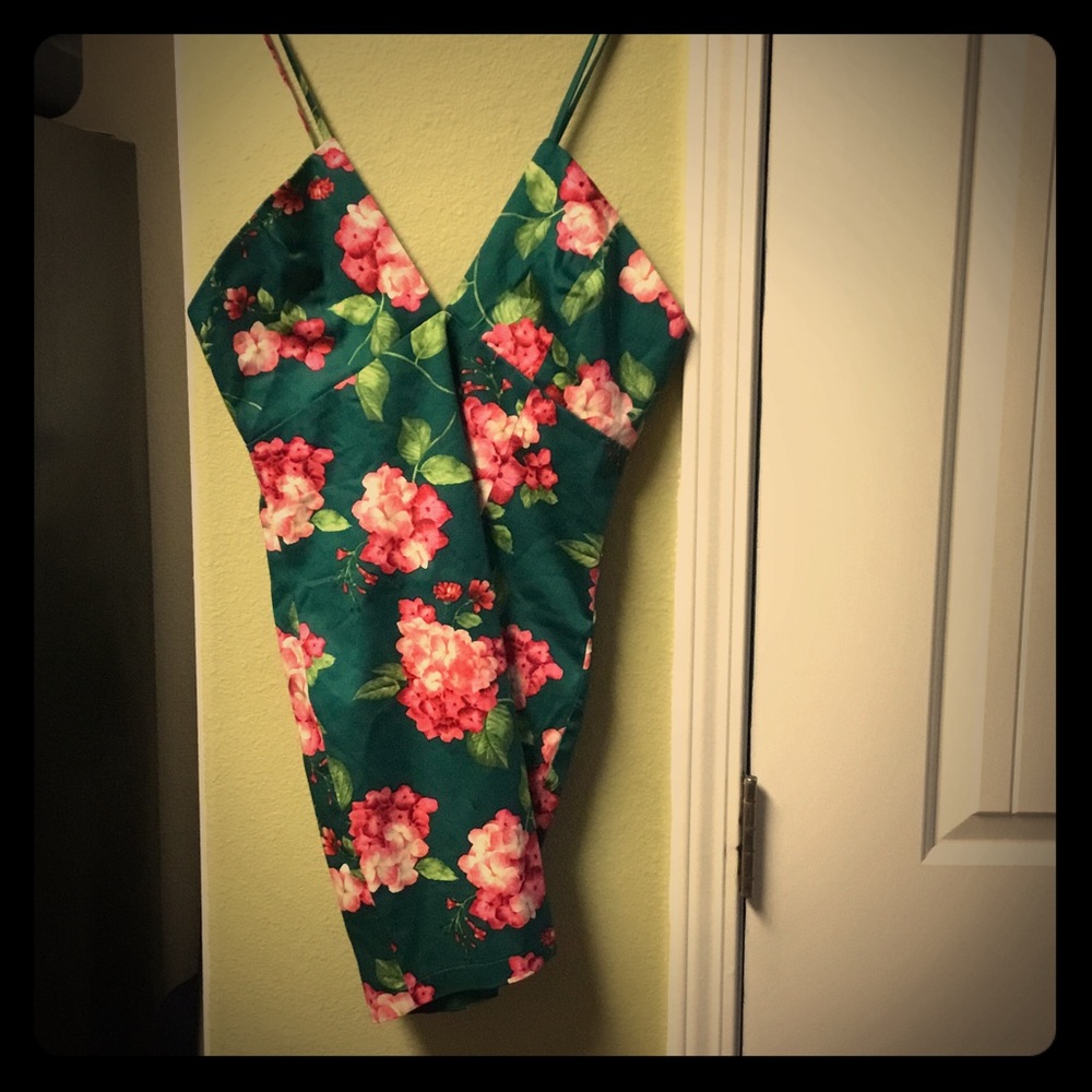 Short green and pink floral cocktail dress