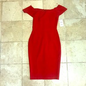 RED ZARA OFF THE SHOULDER MIDI BODYCON DRESS