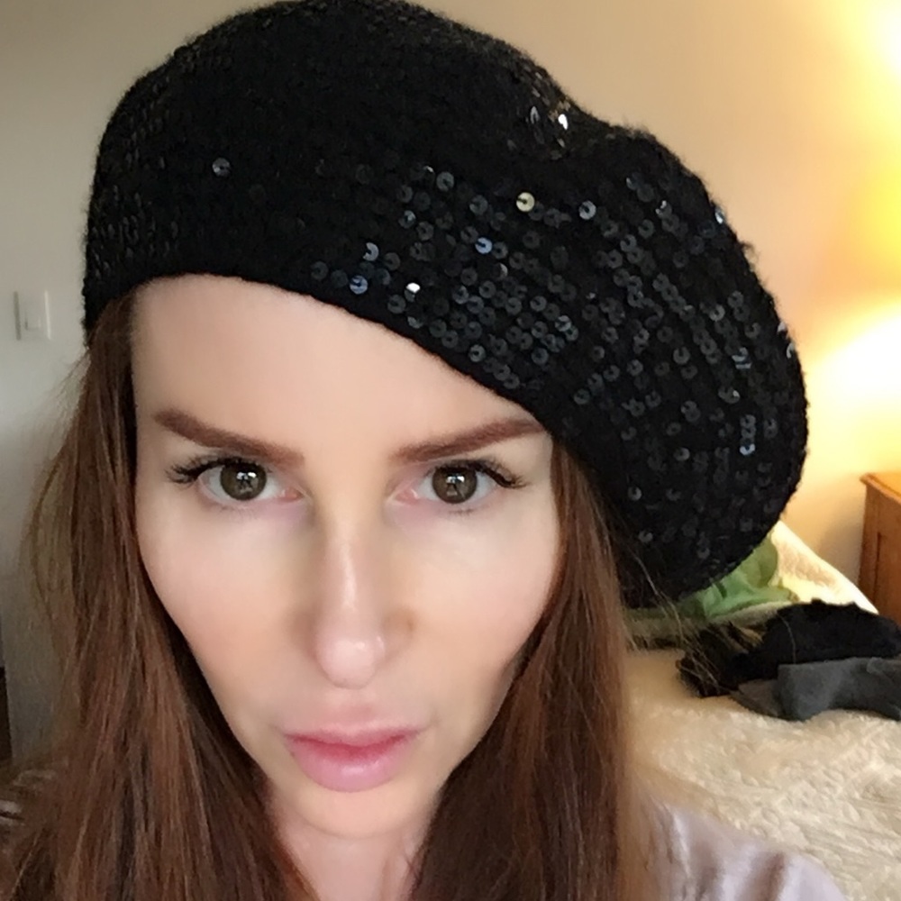 Catherine Malandrino Black Wool Knit Sequin Beret