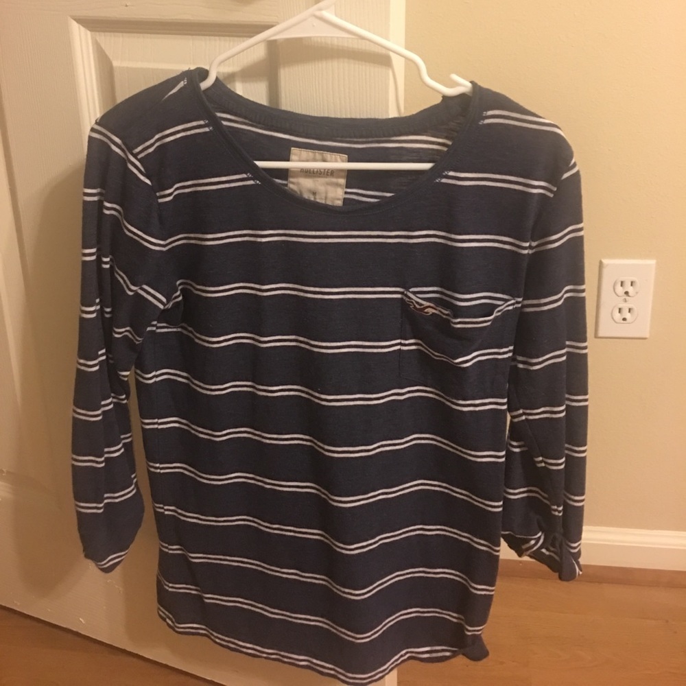 Hollister Blue, white stripes 3/4 sleeves shirt