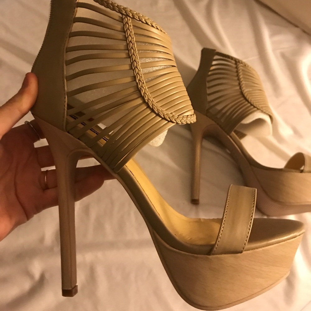 Platform sandal stiletto heels, tan nude braided