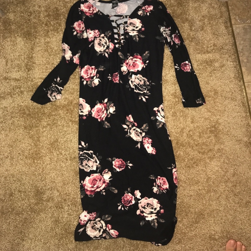 Black floral body con dress