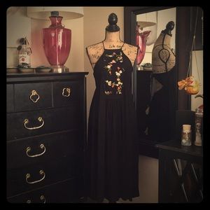 Gothic🍣Maxi🍭Dress🍬Black with Floral Embroidery