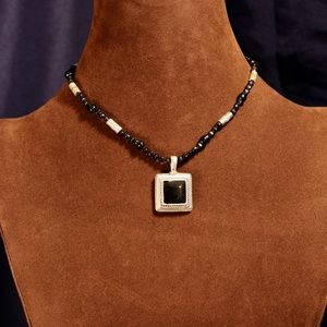 Vintage black beaded silver accent pendant 18”long
