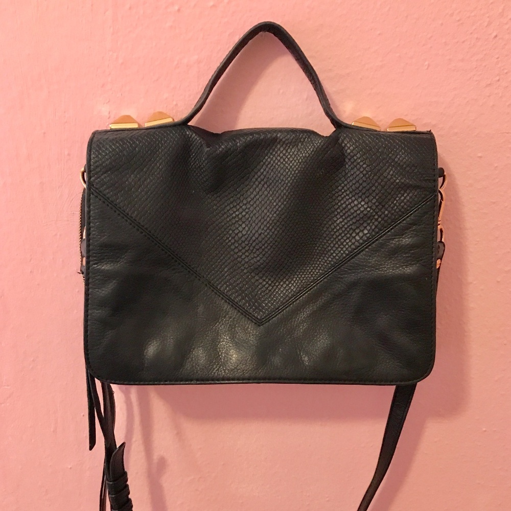 Cross Body Black Leather Bag with Gold Studs