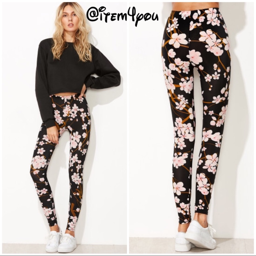 ♣️TRENDY Black ♣️floral print - Legging - Picture 1 of 6