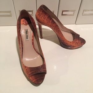 Miu Miu orange snakeskin peep toe platform heels