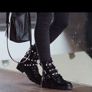 Zara Pearl Studded Combat Boots SZ 10