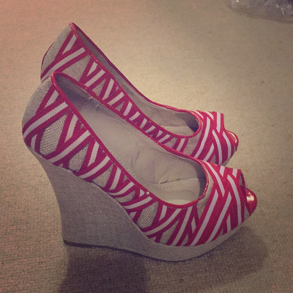Super fun red and white peep toe heels