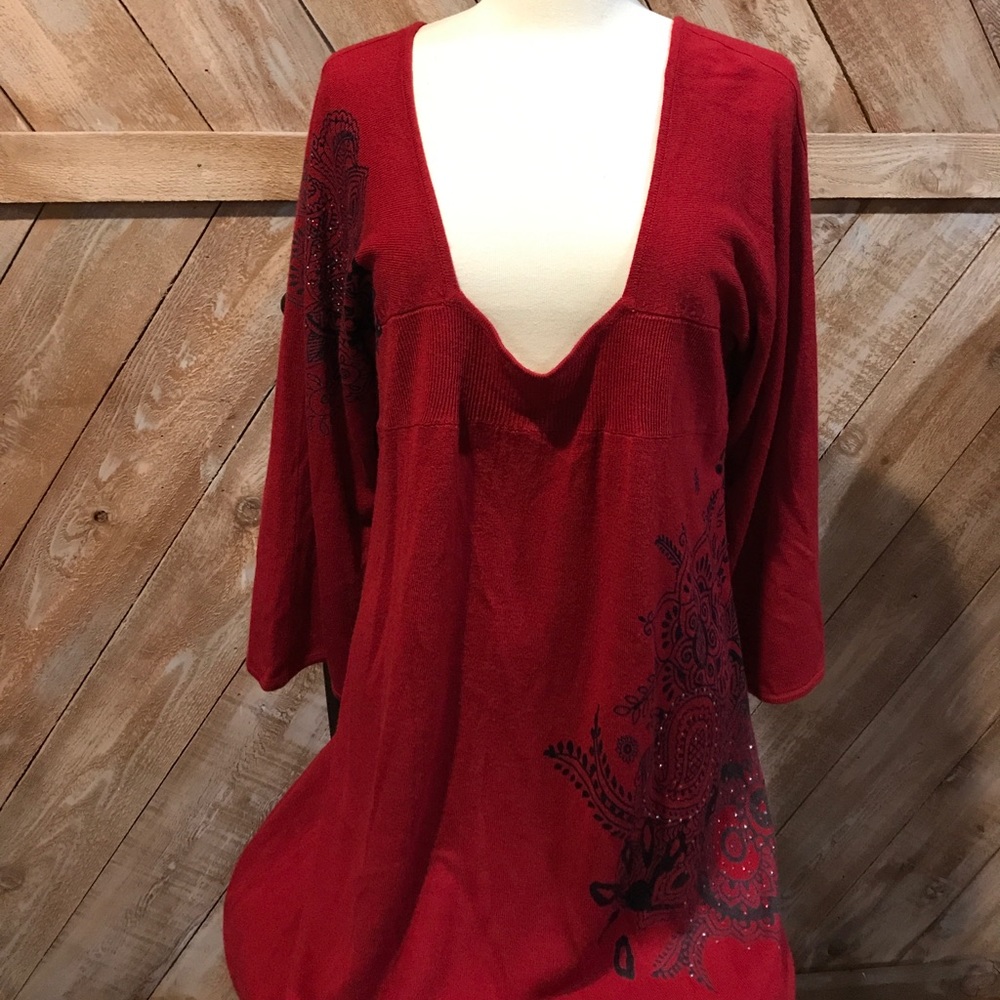 Longer length loose fitting cranberry red sweater