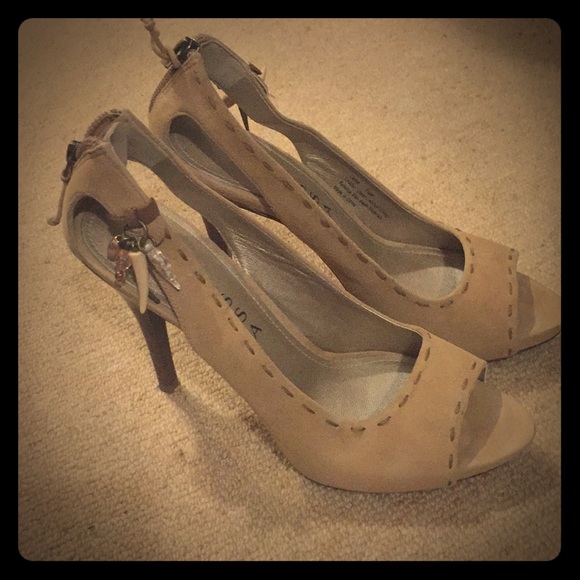 Suede embellished tan peep toe heels - Picture 1 of 3