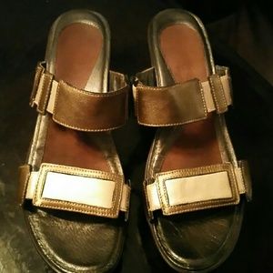 NAOT metallic bronze leather two strap sandals