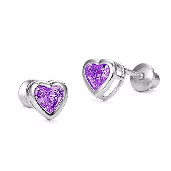 Other - Silver Birth Month 4mm Purple Heart Earrings