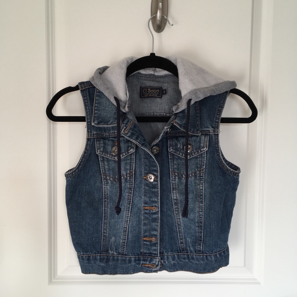 Small cute jean button up vest with hoodie.