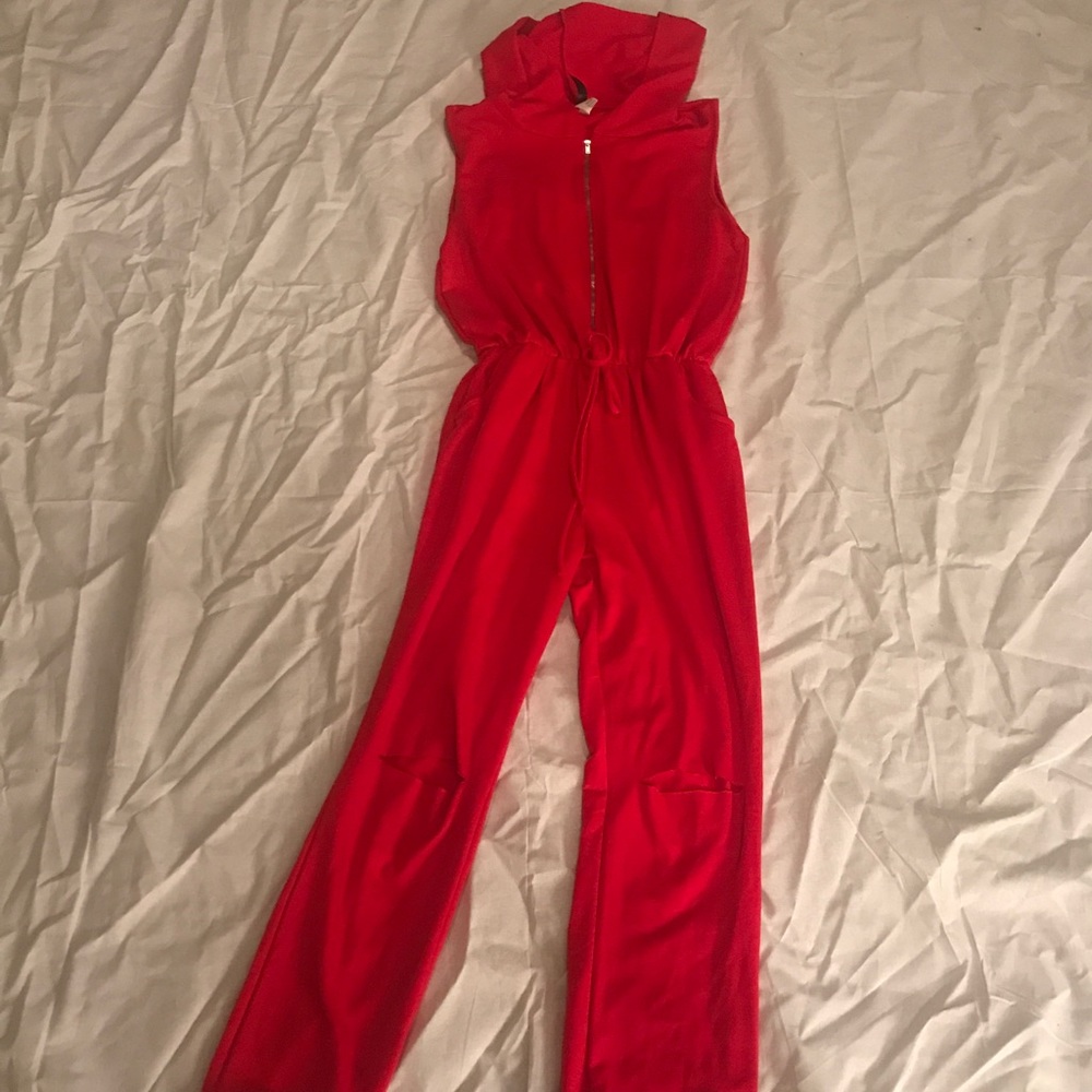 Red hooded jumpsuit