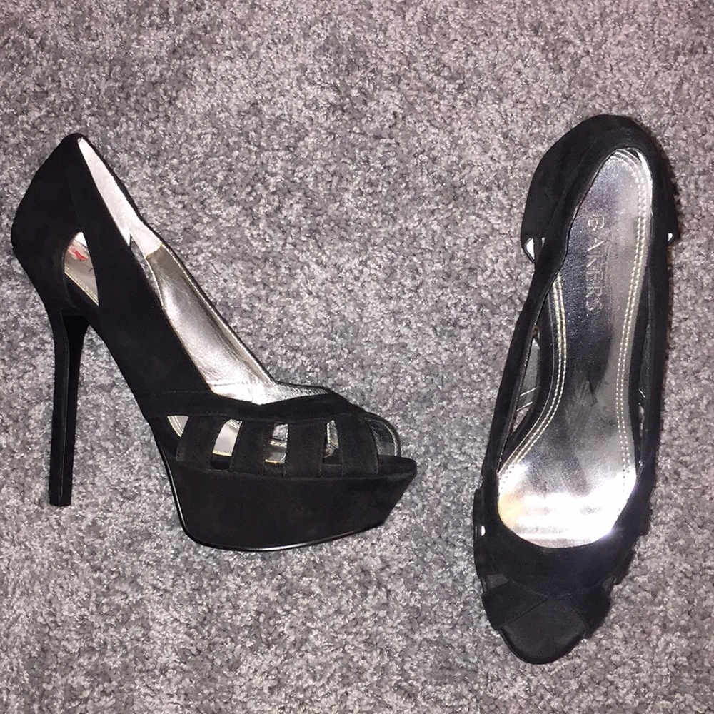 Suede peep toe stiletto pumps