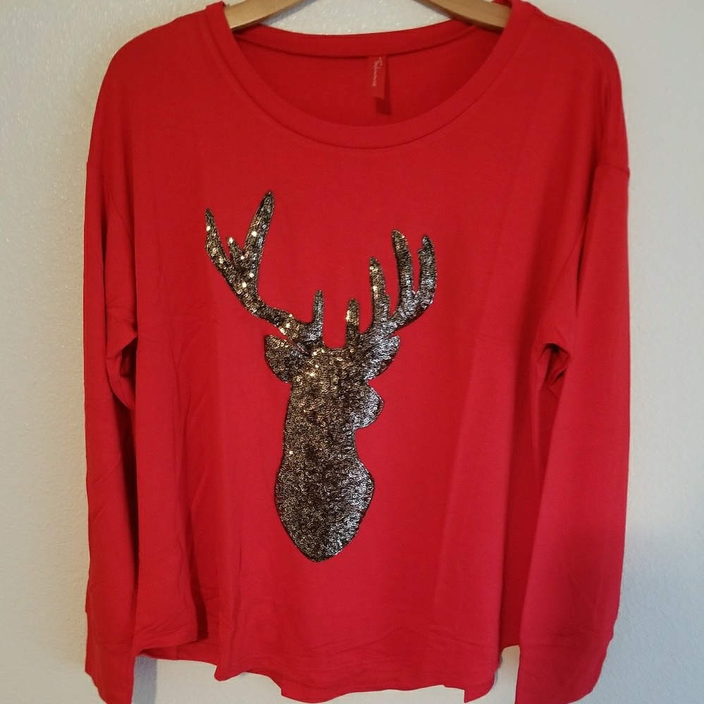 NWT* Red Sequin Deer Patch Long Sleeve Top - Picture 5 of 5