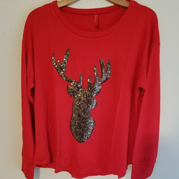 NWT* Red Sequin Deer Patch Long Sleeve Top - Picture 5 of 5