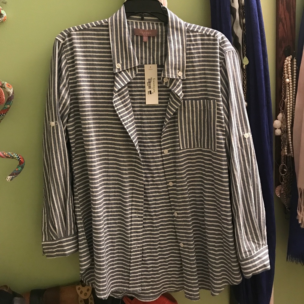 Navy and cream stripe button shirt, Francesca’s Boutique