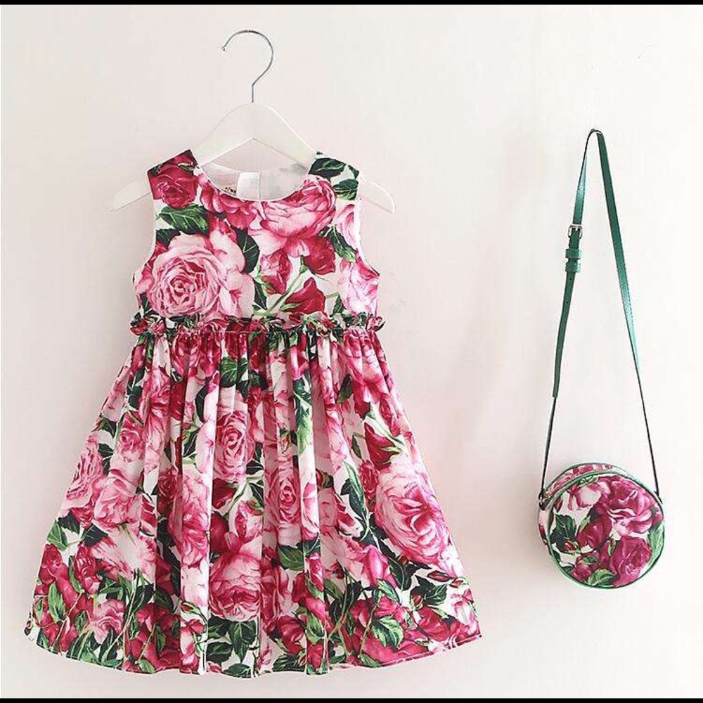 Girls pink floral summer party dress & cross bag
