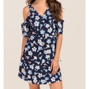 Navy Floral Cold Shoulder Wrap Dress