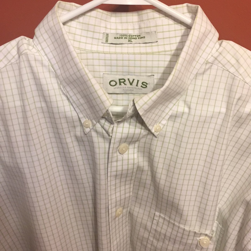 Orvis long sleeve button down (green and white)