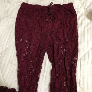 Burgundy lace flare pants