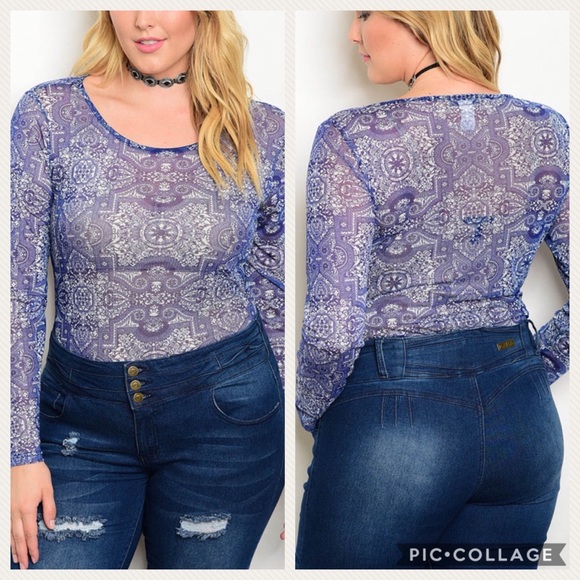 ➕ Plus Size Tribal Print Mesh Bodysuit - Picture 4 of 6