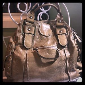 Hype shiny tan leather shoulder bag