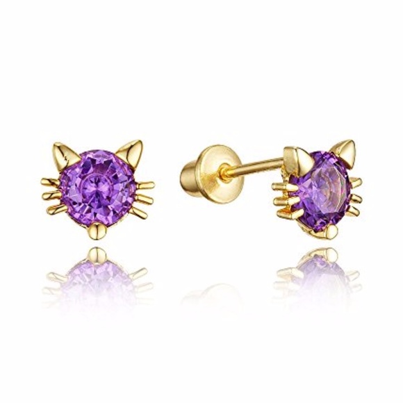 14k Gold Plated Cat Purple CZ Girls Earrings - Picture 1 of 2