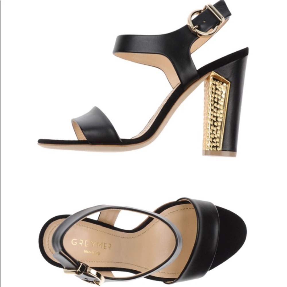 Grey Mer - Black leather Sandal with gold accents.