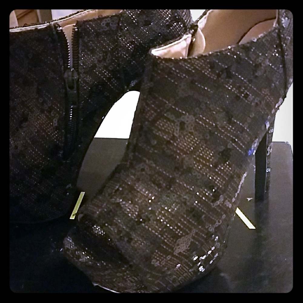 Black sequin platform peep toe pumps/booties