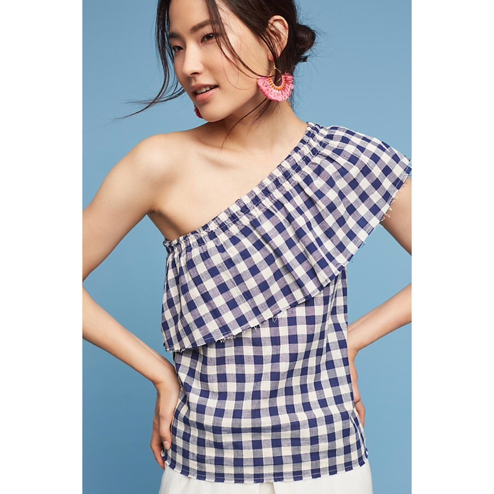 Anthropologie one shoulder gingham top small