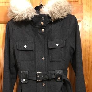 Wool Winter Coat with faux fur trim hood