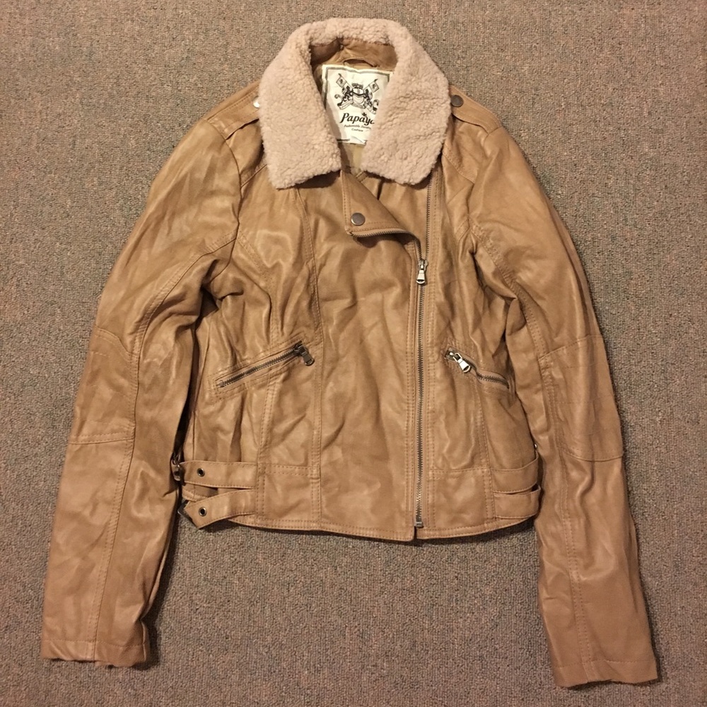 Papaya Faux Leather shearling jacket tan small