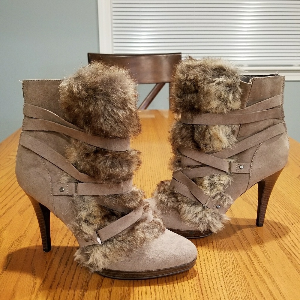 Elle Faux Fur Sueded High Heel Booties 10M