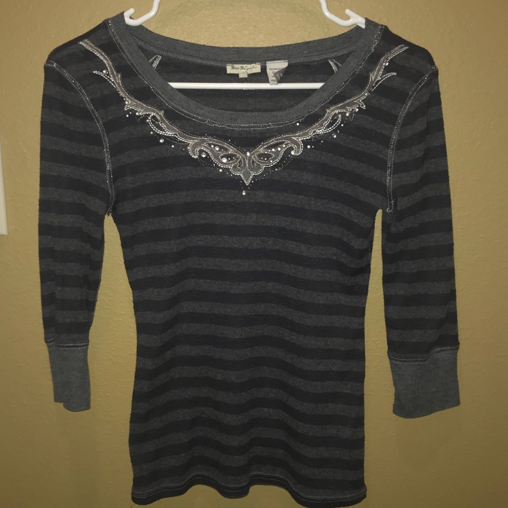 Miss Me bedazzled black/gray striped shirt