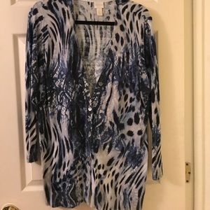 Chico’s long blue animal print cardigan.