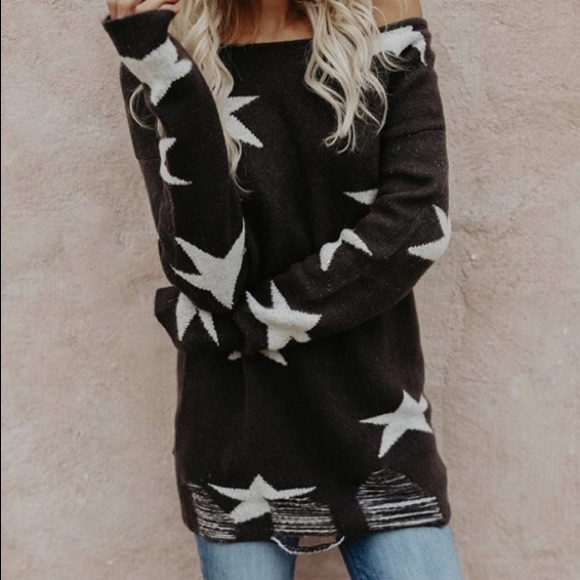 Charcoal Distressed Sweater w/Stars - Picture 2 of 5