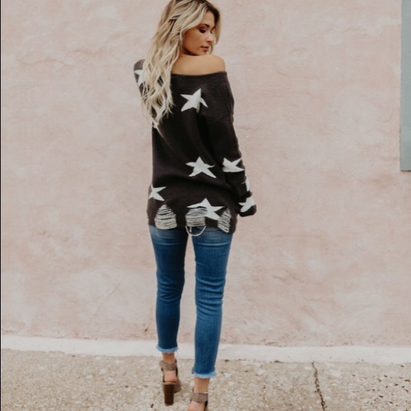 Charcoal Distressed Sweater w/Stars - Picture 3 of 5