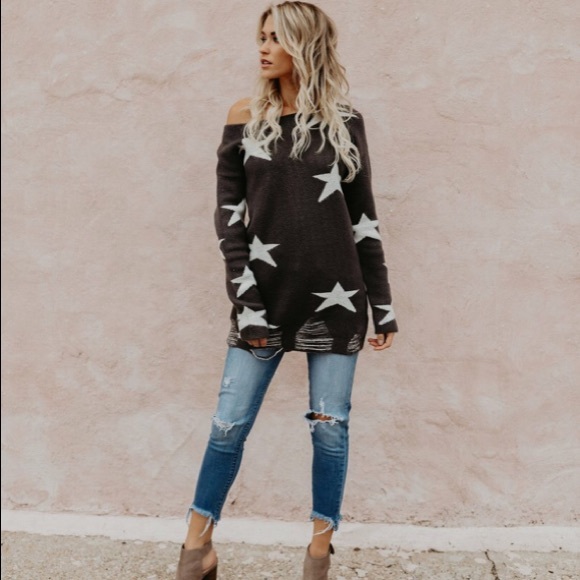 Charcoal Distressed Sweater w/Stars - Picture 4 of 5